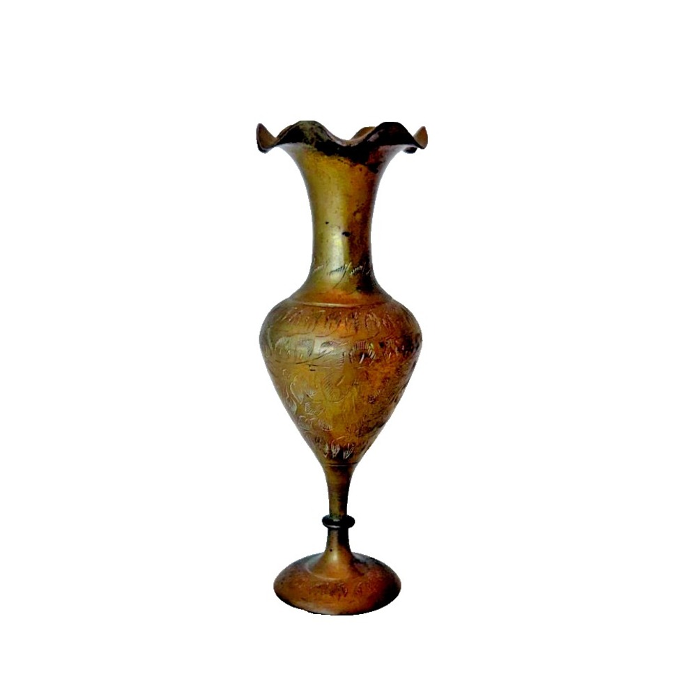 VTG Brass Bud Vase 7.5" Etched Floral Ruffled Scalloped Rim Pedestal Base Boho